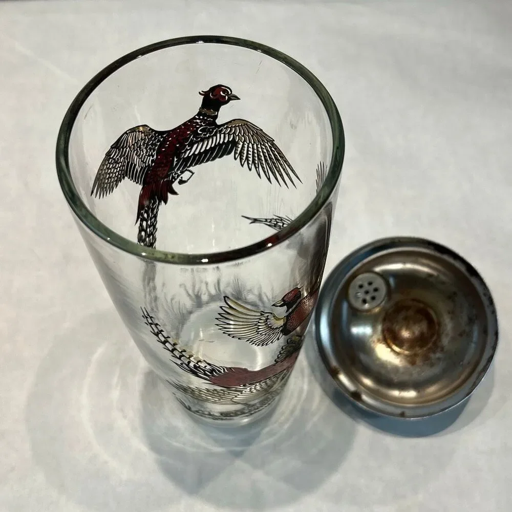 Vtg Hazel Atlas MCM Cocktail Shaker Pheasants Birds Glass 1950s Barware Metal Li